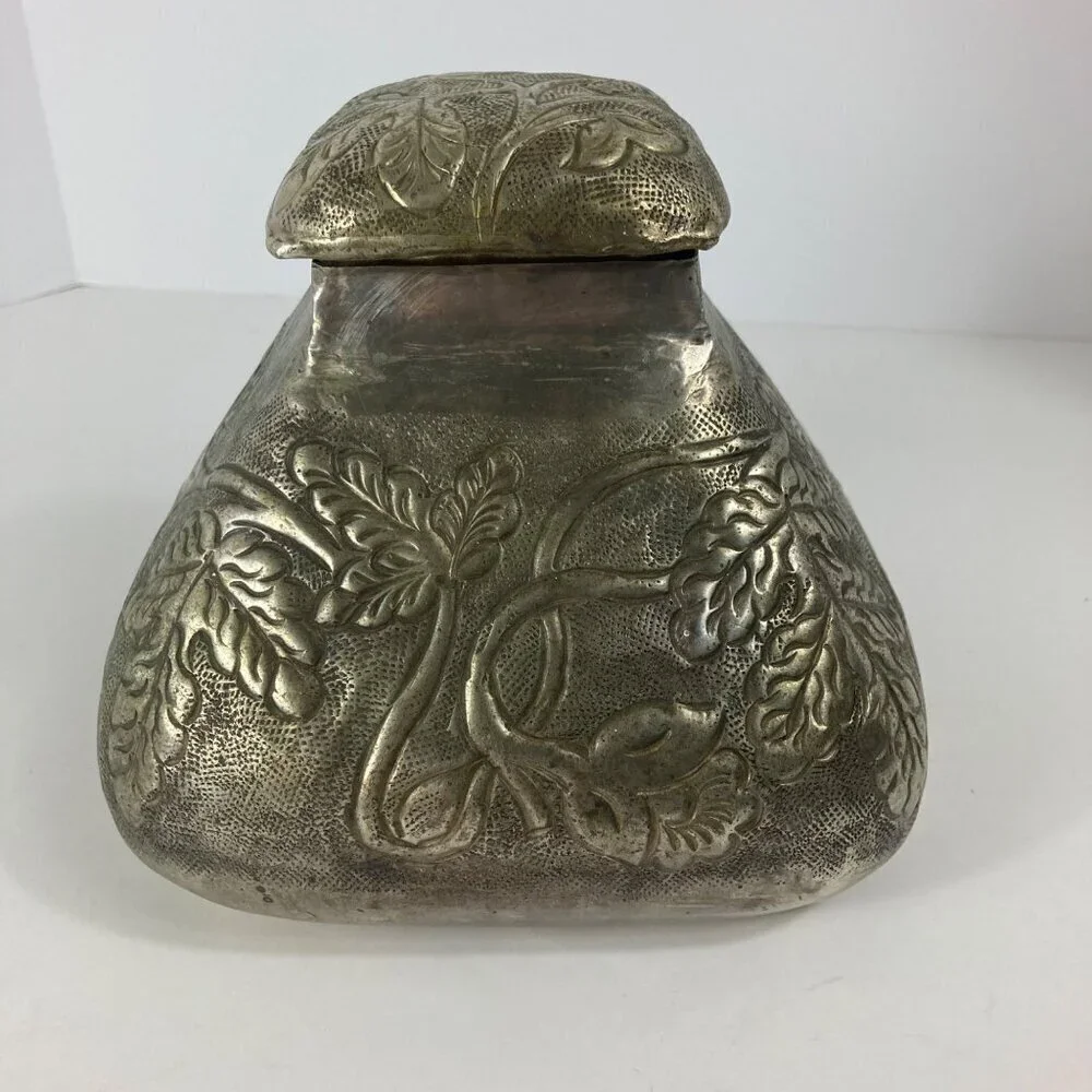 Ornate Indian Handtooled White Brass Flat Top Triangular Pot Lid Made in India 6